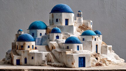 A miniature santorini village with blue domes and white buildings on a textured gray backdrop