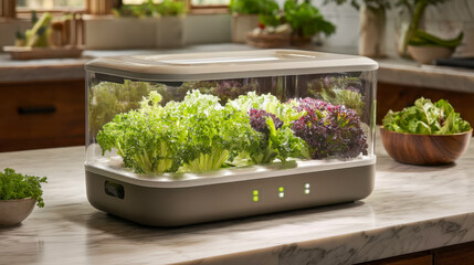 Smart hydroponic home garden with fresh salad and herbs, modern kitchen countertop growing system