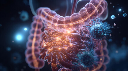 Futuristic 3D visualization of the human intestine with microbiome and neural light connections