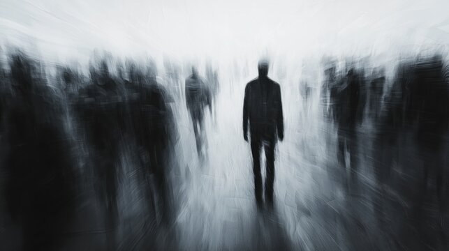 Abstract Movement of Anonymous Figures in a Hazy, Ghostly Urban Landscape Capturing Solitude