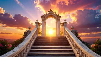 Heavenly steps leading to a golden gate at sunset