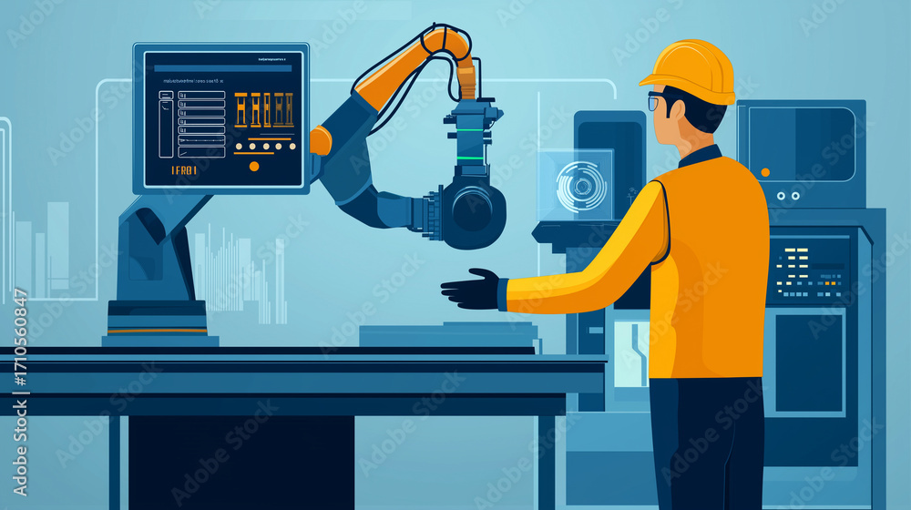 Poster illustration of an engineer with a hard hat operating an industrial robotic arm in a smart factory e
