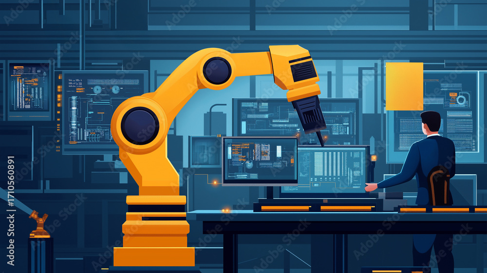 Poster illustration of an engineer with a hard hat operating an industrial robotic arm in a smart factory e
