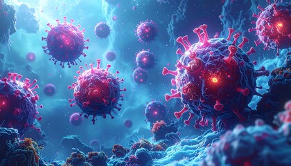 A vibrant digital illustration showcases numerous virus particles suspended in a swirling blue environment.