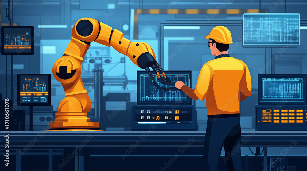 Poster illustration of an engineer with a hard hat operating an industrial robotic arm in a smart factory e