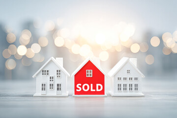 Three miniature houses are displayed, with one prominently marked "SOLD," against a blurred background, symbolizing real estate transactions and success.
