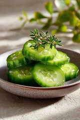 Freshly Sliced Cucumbers with Green Herbs in a Rustic Bowl on Natural Surface