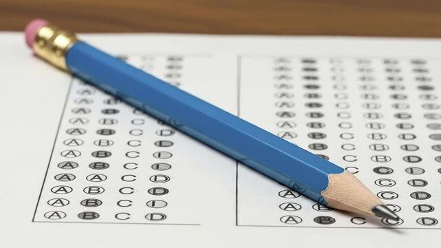 A blue pencil with a pink eraser rests on a multiple-choice answer sheet Several options on the form are marked