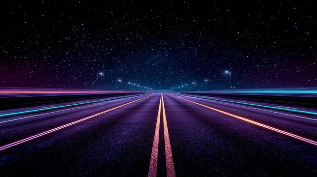 Futuristic neon highway at night with starry sky and vibrant lights - Powered by Adobe