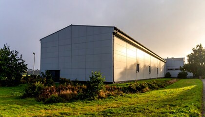 Modern Industrial Building with Golden Sunlight Reflection