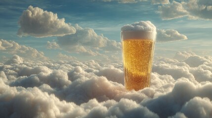 Surreal beer glass among fluffy clouds in a dreamy sky scene