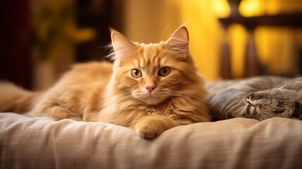 Fluffy orange cat relaxing on a cozy bed in warm evening light