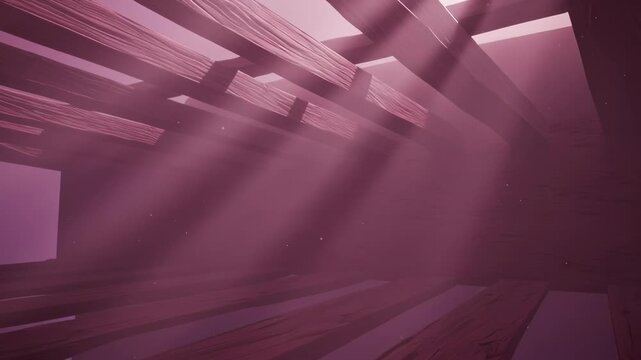Abstract Wooden Beam Structure with Light Rays in Pink Tones