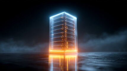 Illuminated futuristic server tower in dark cloudy environment