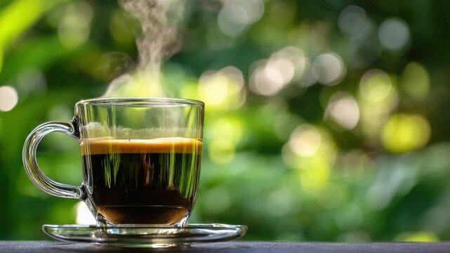 A steaming cup of coffee placed on a wooden surface, with a vibrant green background that highlights the freshness and warmth of the beverage. Perfect for coffee lovers.