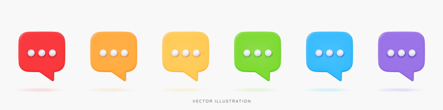3D Speech bubble messages icon set in rainbow colors. Online chatting in social media. Chat box with comment. Talk or dialogue. Cartoon design icons isolated on white. 3D Vector illustration