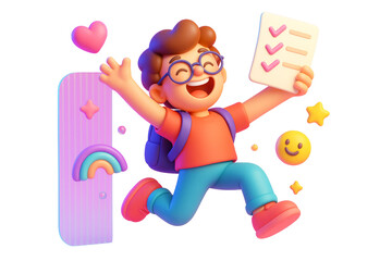 Cartoon child with glasses jumping joyfully holding a checklist, colorful elements around, isolated on white background, concept of fun success. Ai generative