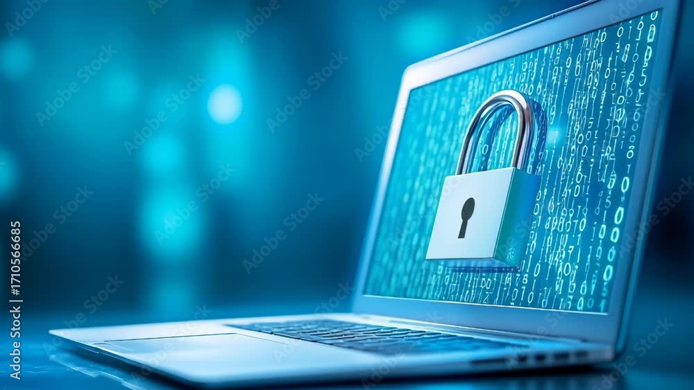 Poster laptop with digital lock symbolizing data protection, binary code background representing cybersecur