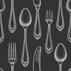Vintage Hand Drawn Vector Seamless Pattern of Cutlery. Not AI Generated. Retro Chalk Board Fork Spoon Knife Engraved Kitchen Utensils Old Style Illustration