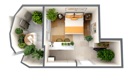 Modern small apartment interior design, combining kitchen and living room for optimal space utilization