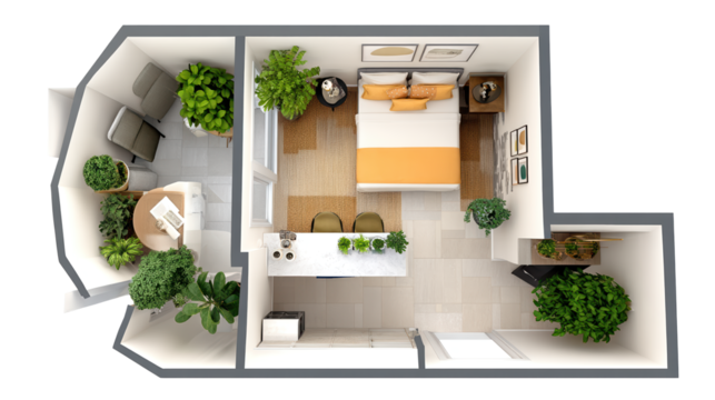 Modern small apartment interior design, combining kitchen and living room for optimal space utilization