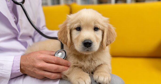 Golden retriever puppy check-up with veterinarian using stethoscope on yellow sofa