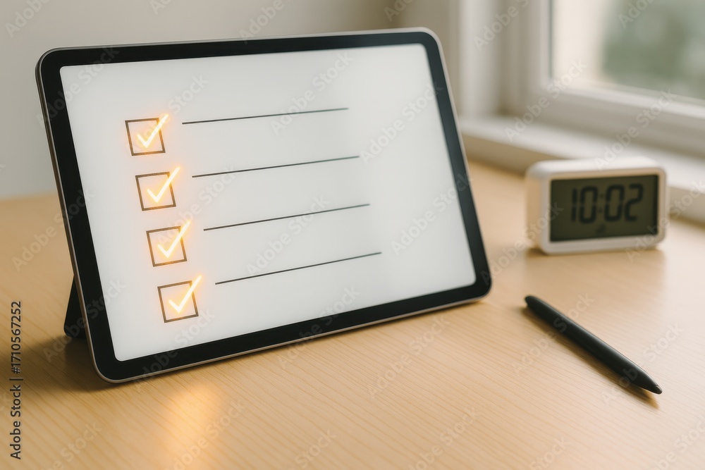 Poster concept of time management, task planning, and productivity. digital tablet displaying a completed c
