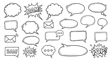 Illustration of speech bubbles and comic elements in black and white style