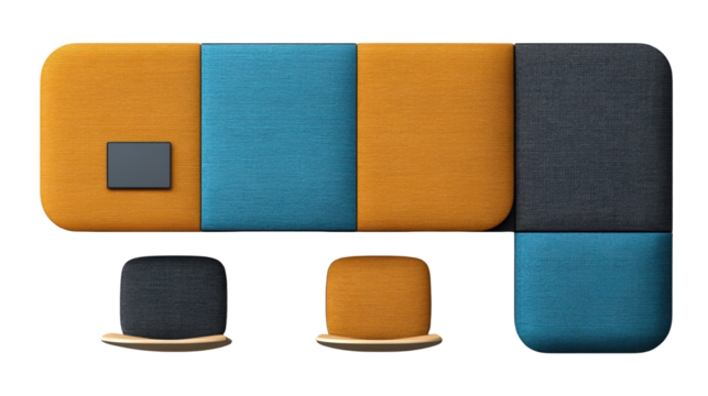 Vibrant midcentury modern couch with bold blue and orange upholstery in a stylish living room setting - Powered by Adobe