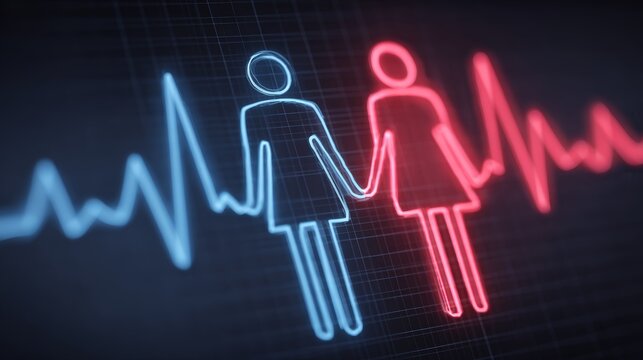 Blue and red heartbeat figures holding hands on electrocardiogram background - Powered by Adobe