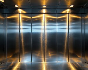Modern, sleek elevator interior with polished metal panels and focused lighting