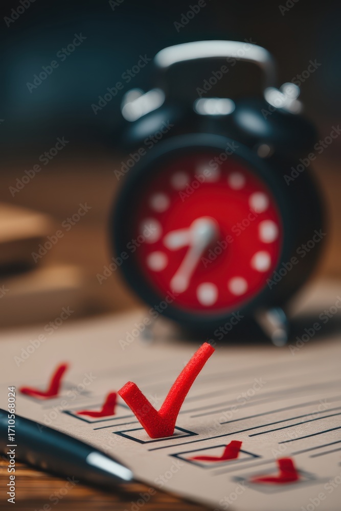 Poster a completed checklist with red checkmarks and a blurred red alarm clock in the background. symbolizi