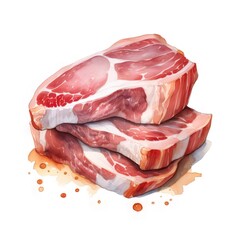 積み重ねられた赤と白の肉の切り身水彩イラスト
