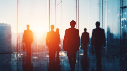 Silhouetted business professionals in modern office at sunrise