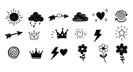 Collection of hand drawn weather and decorative doodle style elements