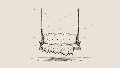 illustration of a cozy swing adorned with soft cushions in a tranquil setting