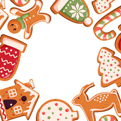 Festive border of decorated gingerbread cookies in shape of tree, mitten, candy cane, reindeer, house and man in cartoon for holiday and Christmas design.