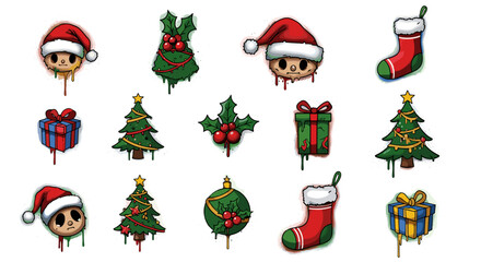 Collection of christmas themed cartoon illustrations with dripping paint
