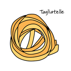 Wide Italian tagliatelle pasta twisted into a nest in doodle style on a white background