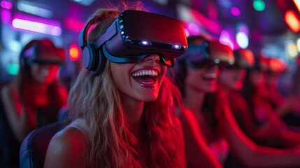 Young caucasian women enjoying virtual reality gaming experience in neon lights