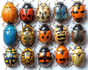 A collection of colorful beetles arranged in a grid pattern