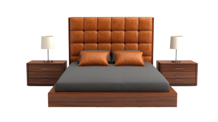 Luxurious brown leather headboard bed with matching nightstands in a cozy bedroom setting