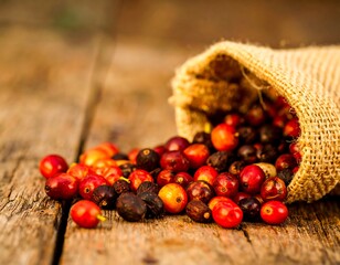 Burlap sack spilling ripe red and dark coffee cherries onto weathered wooden planks