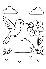 Obraz premium Hummingbird near flower, adorable cartoon bird coloring book illustration