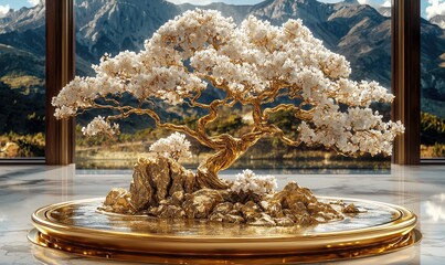 Ornate golden bonsai with white blossoms in a serene indoor setting. Mountain backdrop visible through large windows