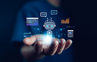 Hand holding glowing AI chatbot with data charts and icons, symbolizing artificial intelligence, machine learning, customer support automation, analytics, business technology, and future innovation