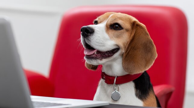Beagle dog sitting at desk with laptop in modern office setting