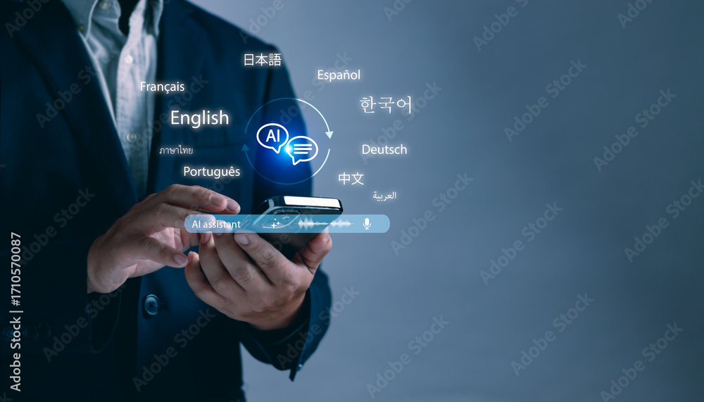Poster businessman using ai assistant on smartphone with multilingual translation and voice recognition fea