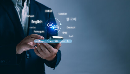 Businessman using AI assistant on smartphone with multilingual translation and voice recognition...