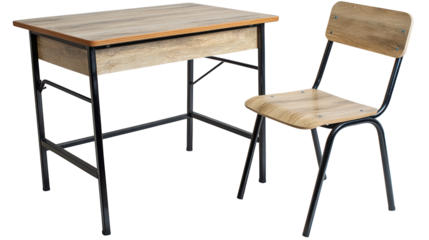 Rustic charm, exploring textures of wooden desk and chair against minimalist white backdrop